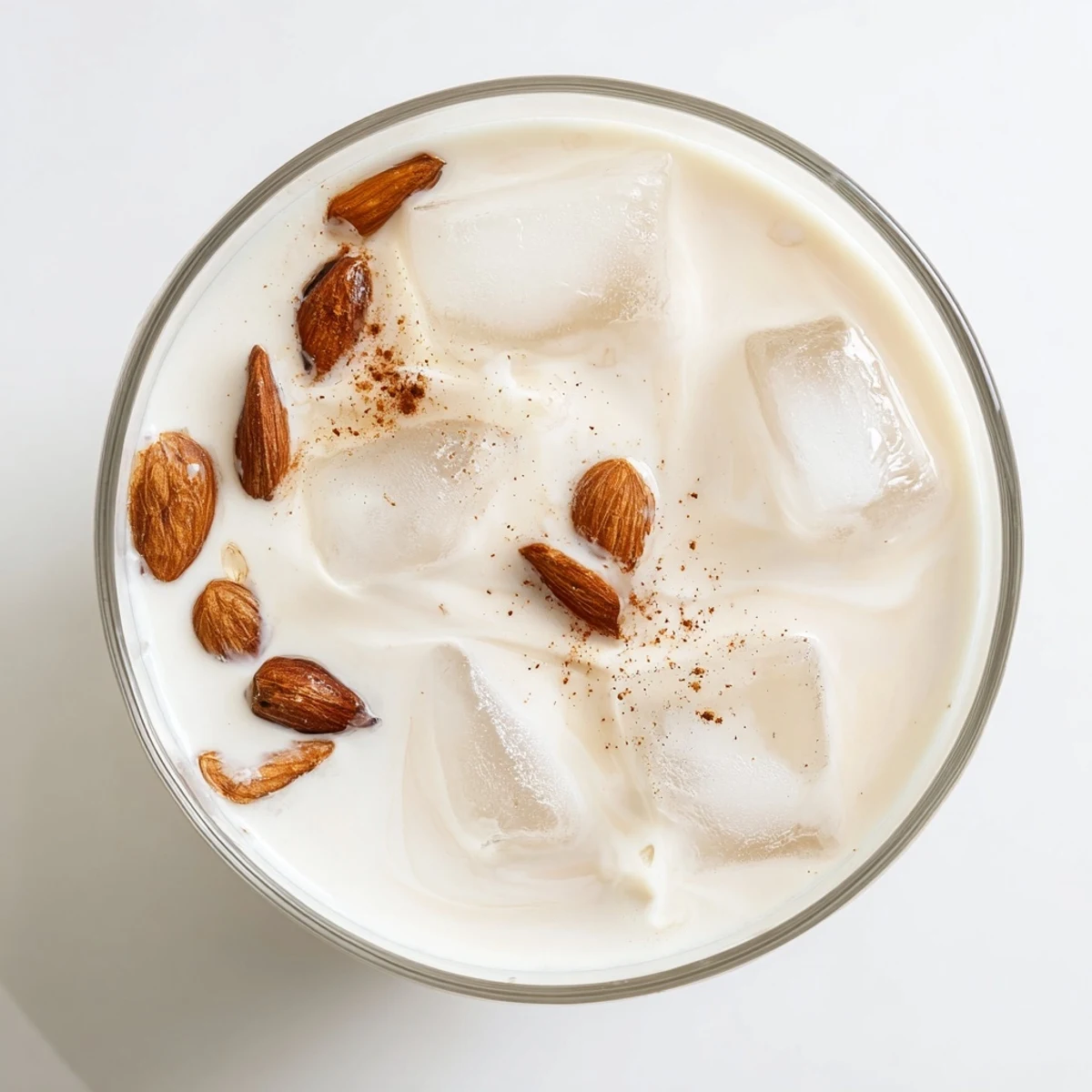 Chilled refreshing summer roasted almond milk drink with cream served over ice in clear glasses