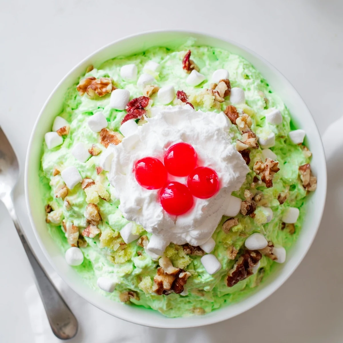 Retro American Watergate Salad dessert showcasing bright green pistachio blend dotted with mini marshmallows and chopped pecans