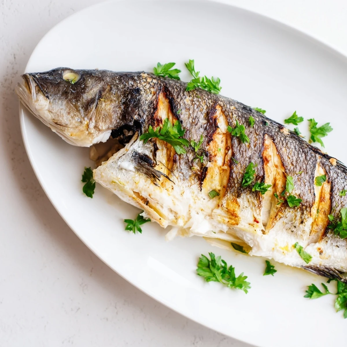 Whole roasted fish with crispy golden skin garnished with fresh parsley and lemon wedges on a serving platter