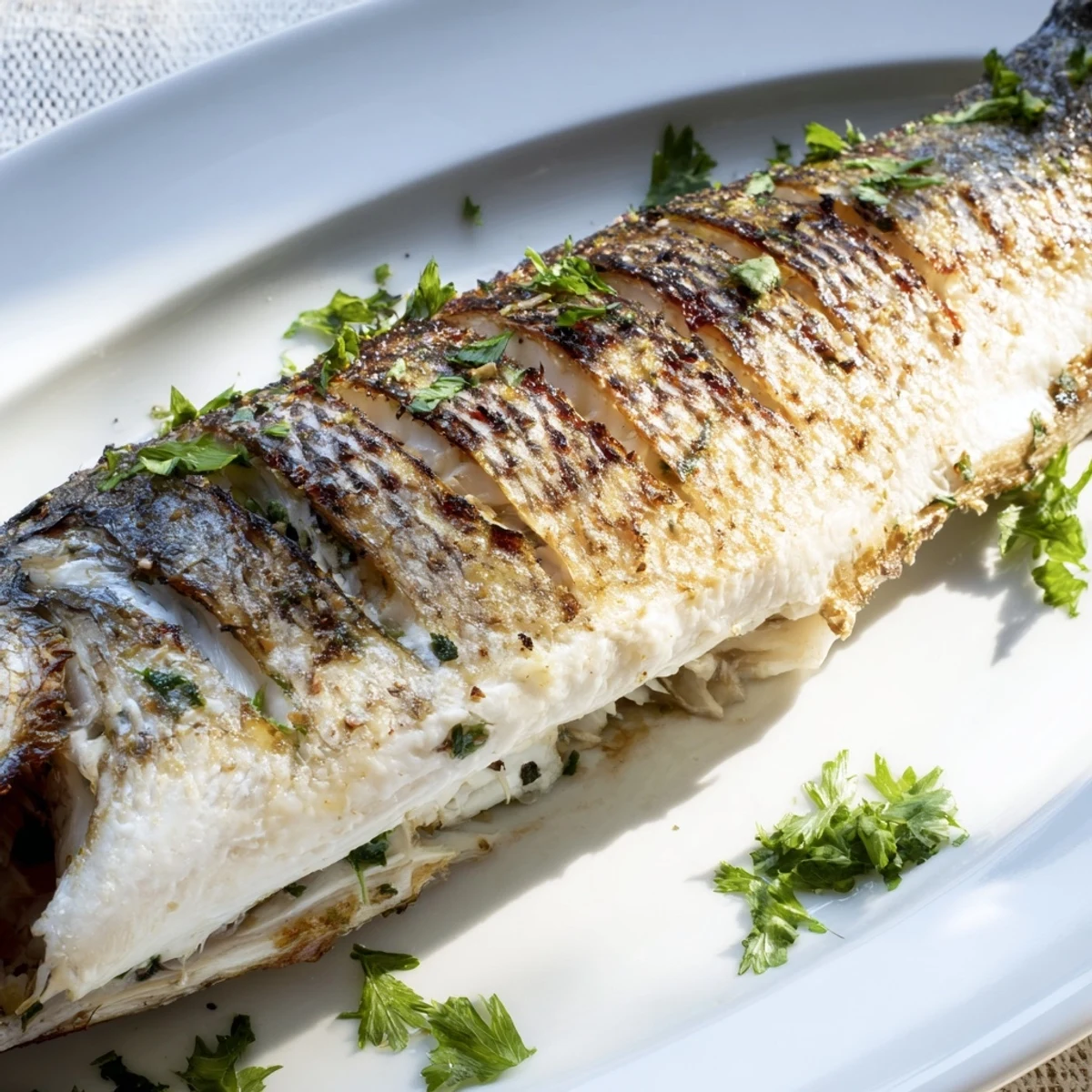 Mediterranean style whole roasted fish featuring perfectly crisp skin aromatic herbs and bright citrus slices for an elegant dinner