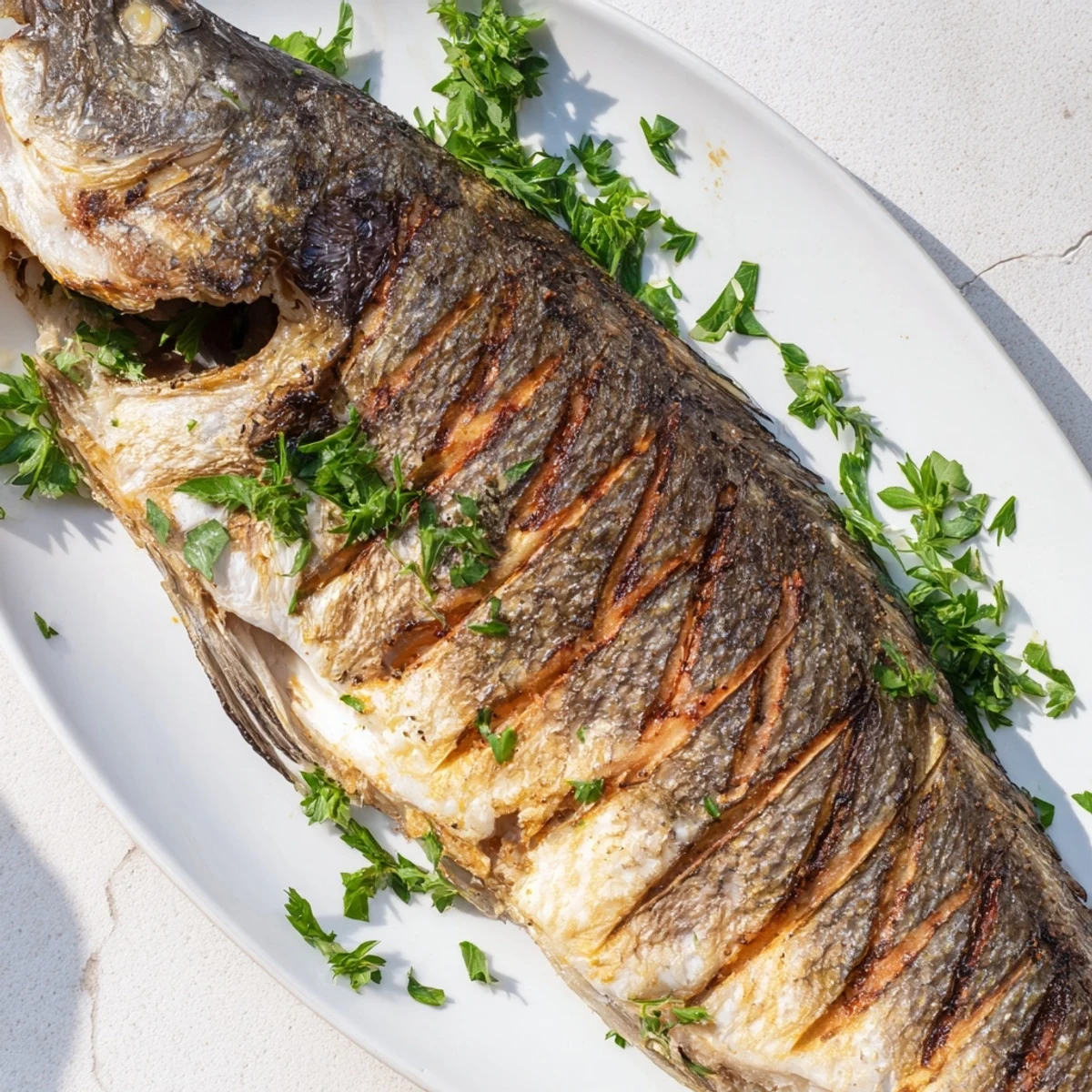 Beautiful whole fish baked until the skin is irresistibly crispy seasoned with sea salt and served with fresh lemon