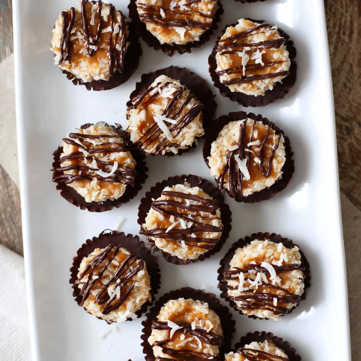 No bake Samoa bites drizzled with melted dark chocolate and toasted coconut flakes