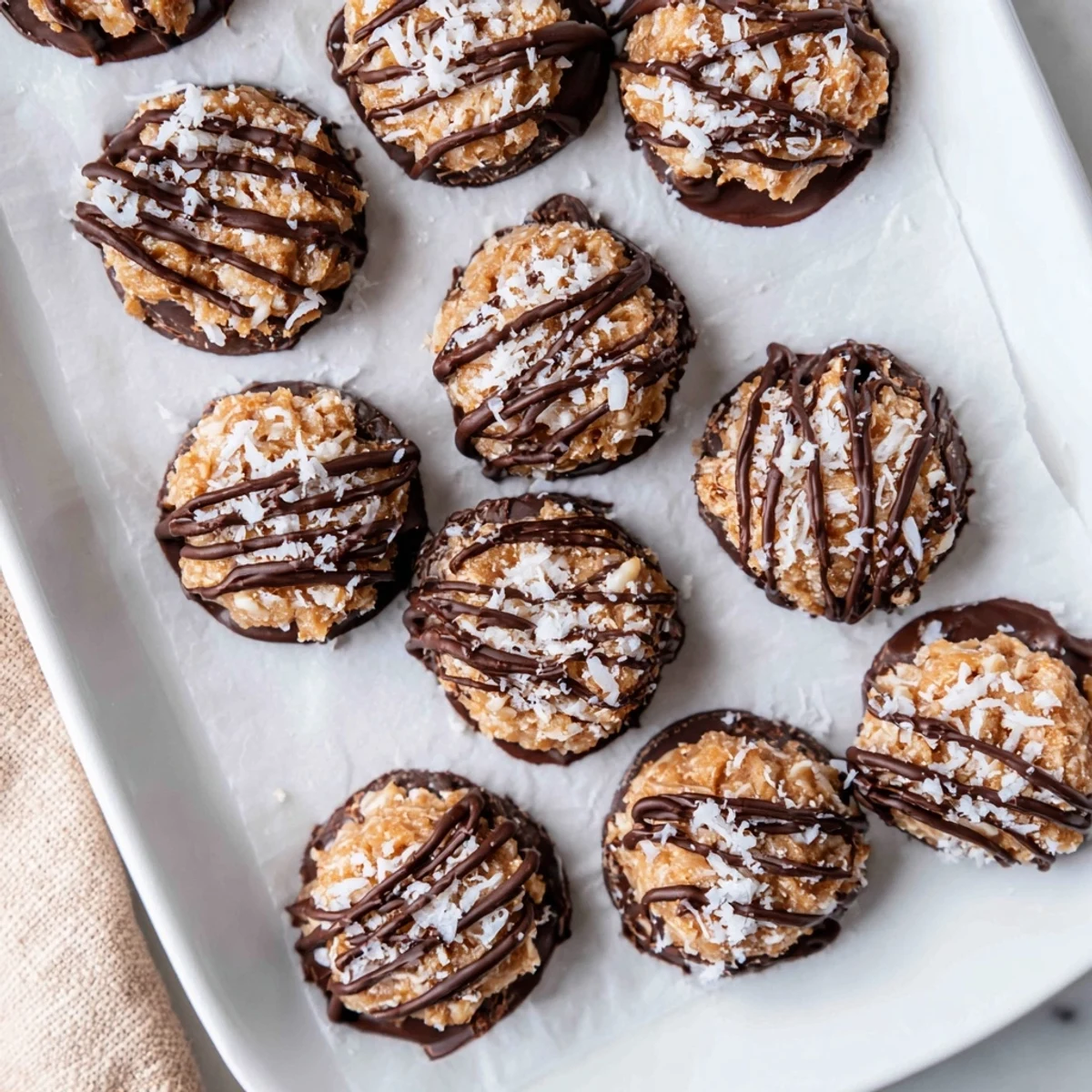 Bite-sized no bake Samoa treats layered with gooey caramel and chocolate drizzle