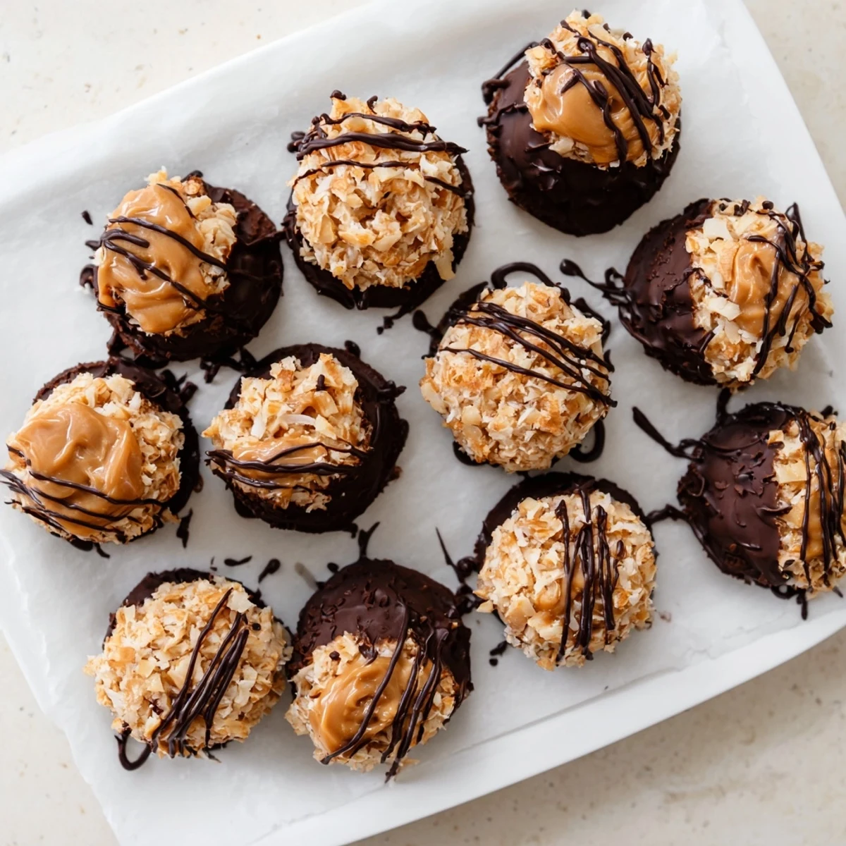 Chewy caramel coconut no bake Samoa bites topped with rich chocolate coating