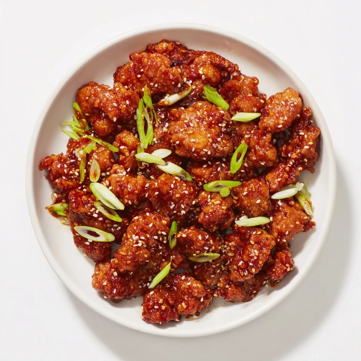Golden brown ground chicken coated in a glossy sweet and tangy General Tso sauce with sesame seeds
