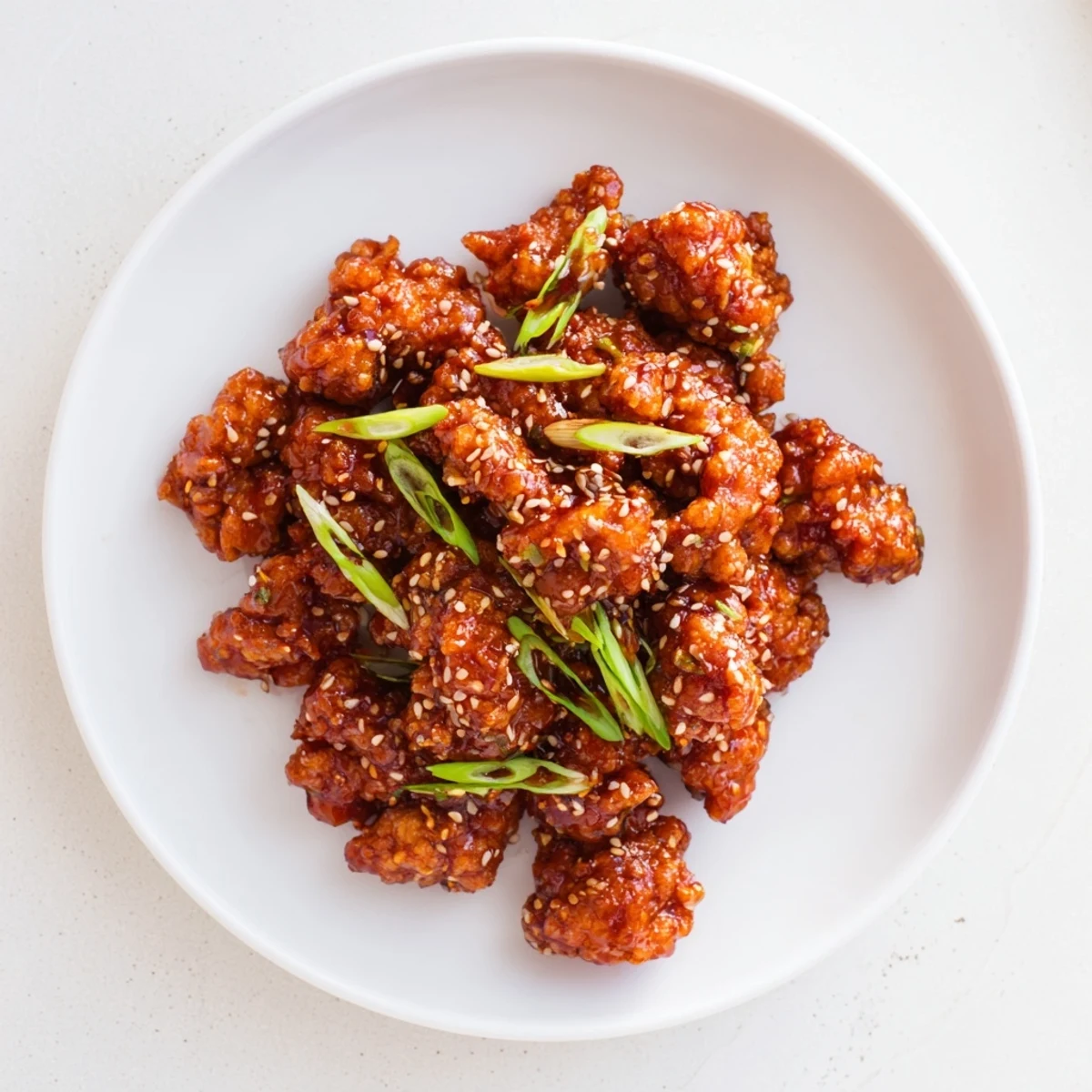 Wok-fried ground chicken swimming in thick reddish brown sauce garnished with fresh sliced green onions