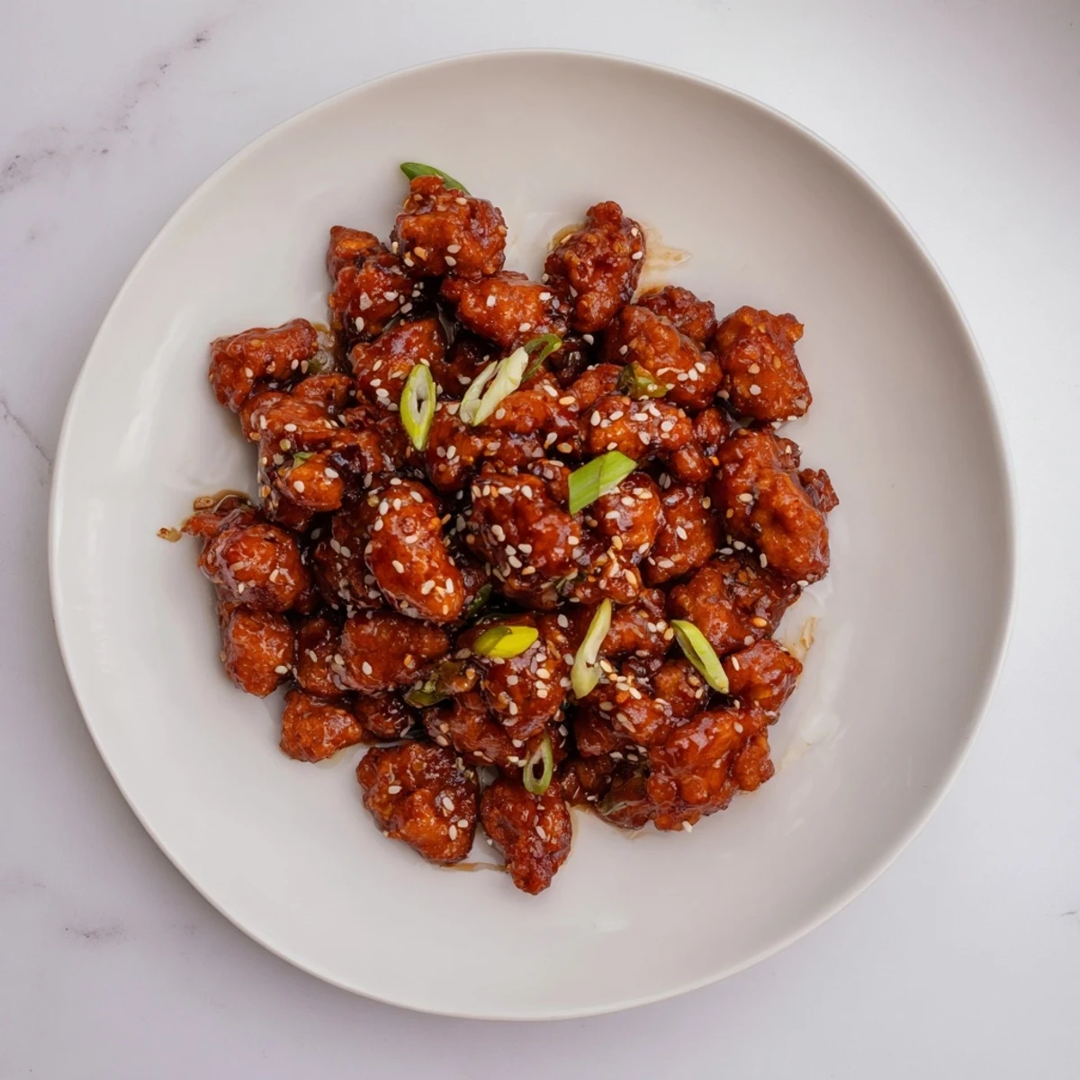 Plate of savory ground chicken General Tso dish served over steamed white rice with white and green onion pieces scattered throughout