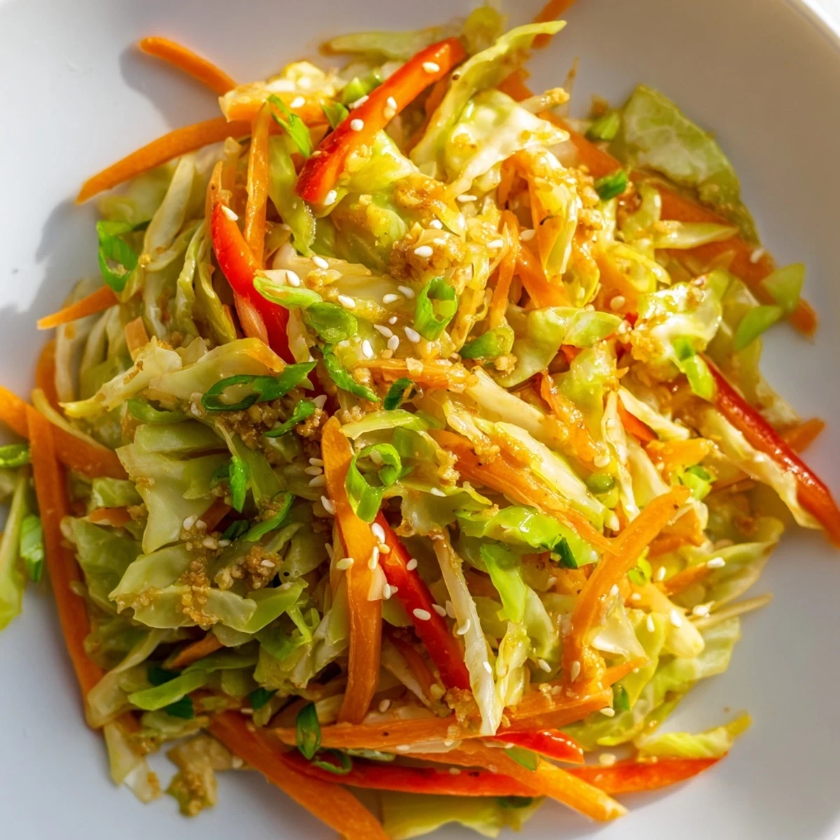 Colorful cabbage stir fry recipe with crisp vegetables coated in savory sesame soy sauce
