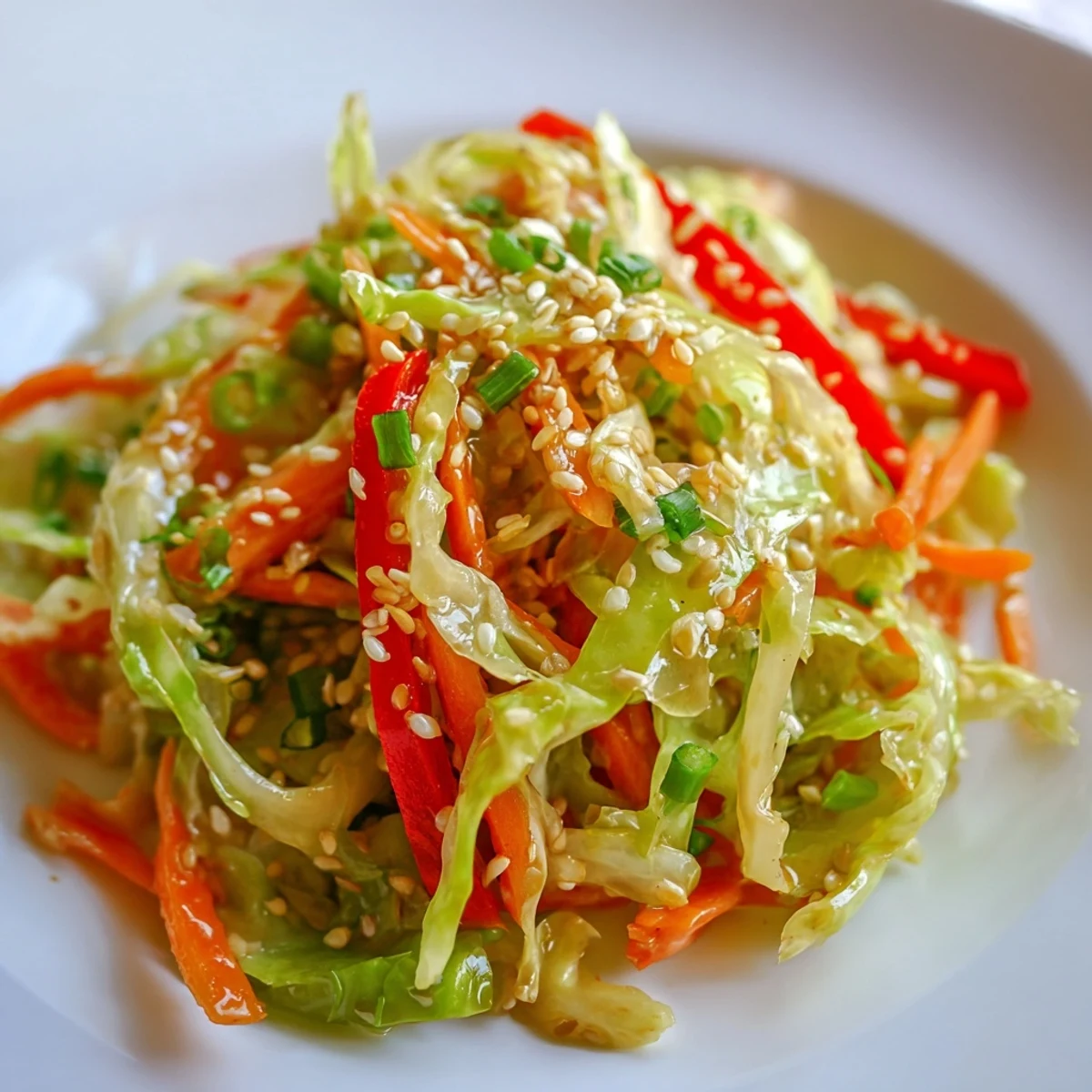 Healthy cabbage stir fry recipe featuring vibrant bell peppers and carrots in a tangy glaze