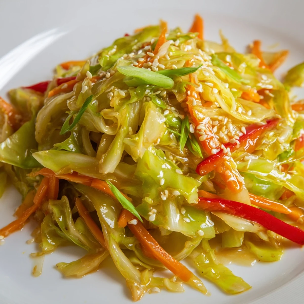 Easy cabbage stir fry recipe showcasing wilted greens garnished with toasted sesame seeds and herbs