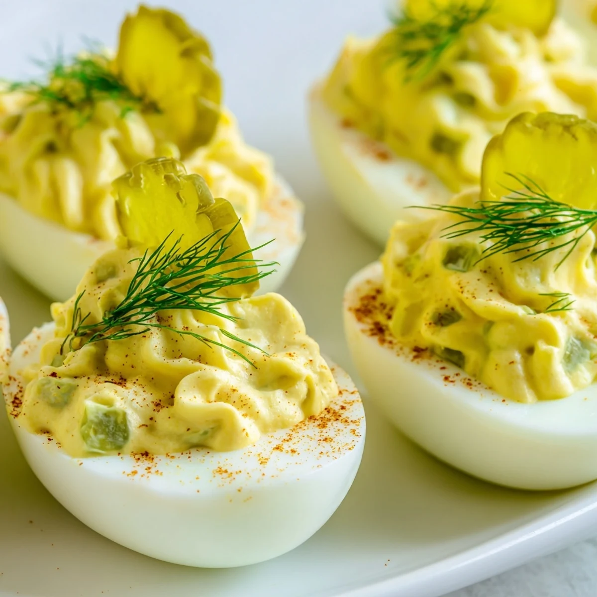 Golden dill pickle deviled eggs topped with fresh herbs on a white serving platter