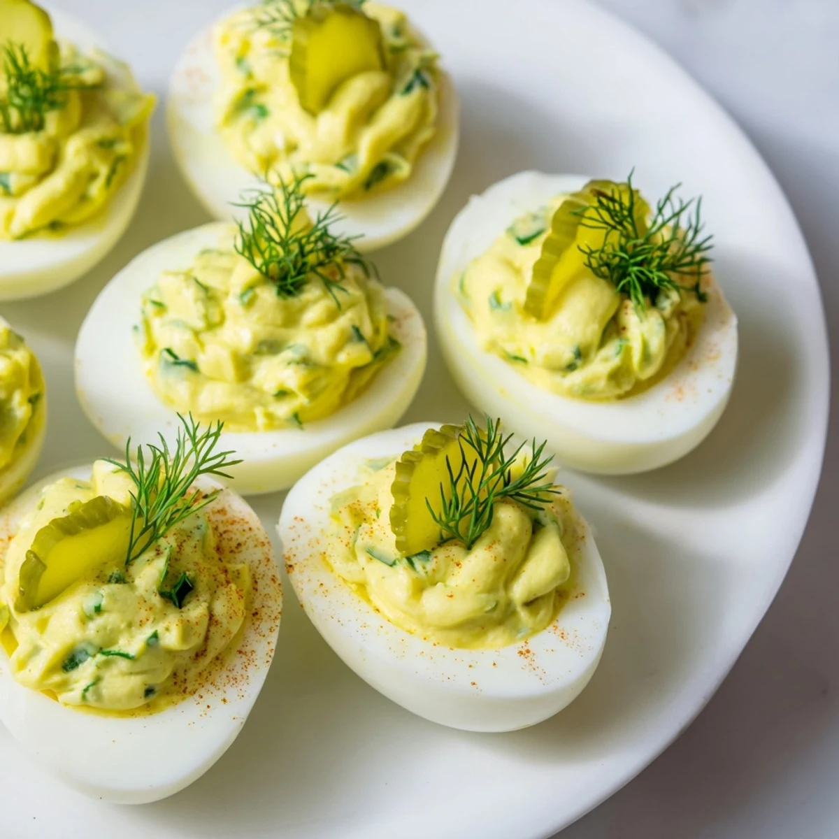 Creamy deviled eggs filled with tangy chopped dill pickles and sprinkled with paprika