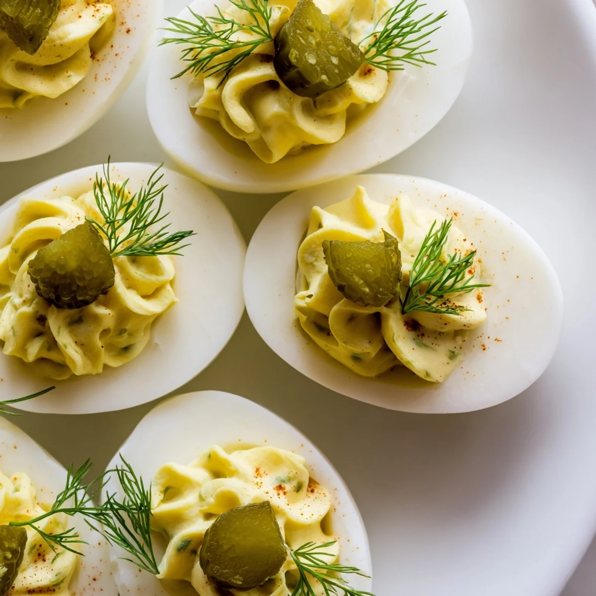 Halved eggs filled with smooth dill pickle mixture garnished with fresh dill sprigs