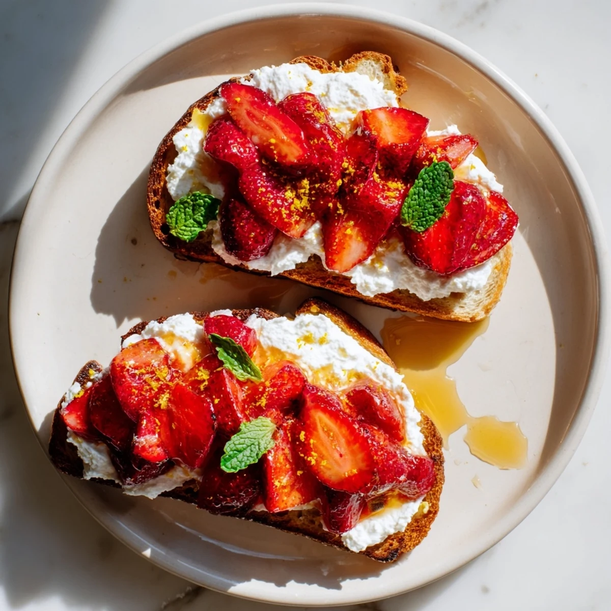 Golden sourdough toast piled high with whipped ricotta and roasted strawberry whipped ricotta toast