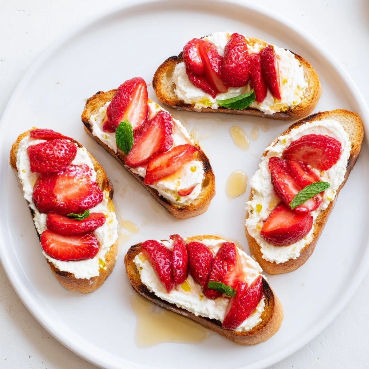 Close-up of roasted strawberry whipped ricotta toast dripping with honey and fresh mint garnish