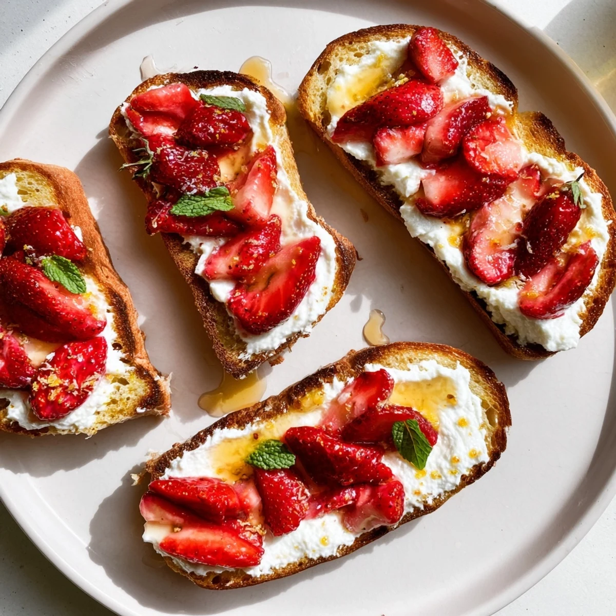 Breakfast spread showcasing roasted strawberry whipped ricotta toast on a wooden serving board