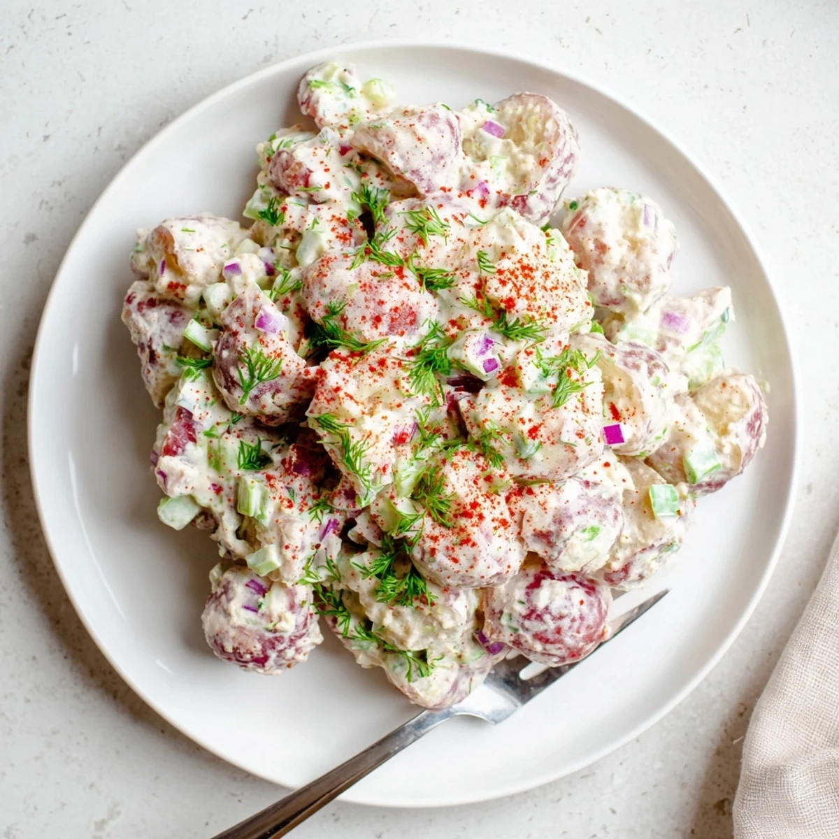 Creamy red potato salad with tender potatoes, crisp celery, and tangy mayonnaise dressing in a serving bowl.