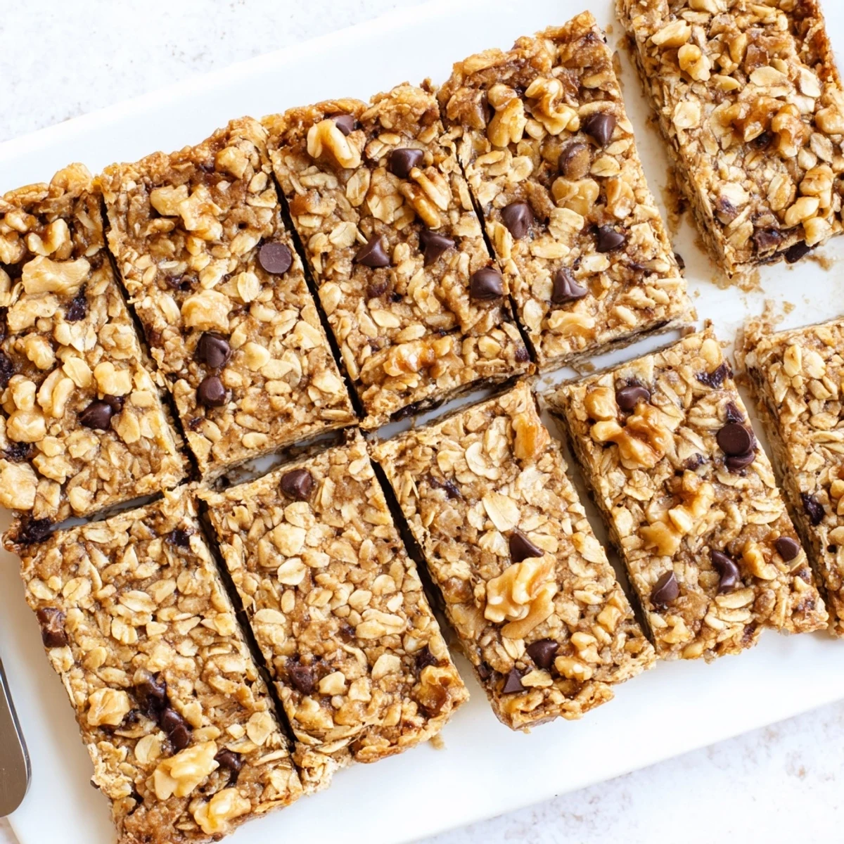 Golden baked banana oat bars sliced into squares on a wooden cutting board