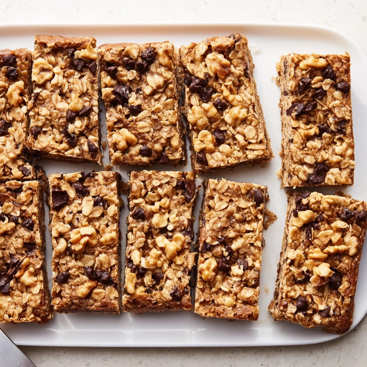 Chewy homemade banana oat bars with melted chocolate chips and chopped walnuts