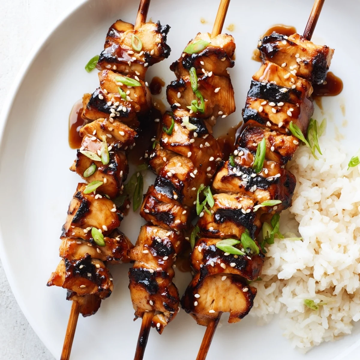Grilled Teriyaki Chicken Skewers charred edges, juicy interior, served with lime wedges.