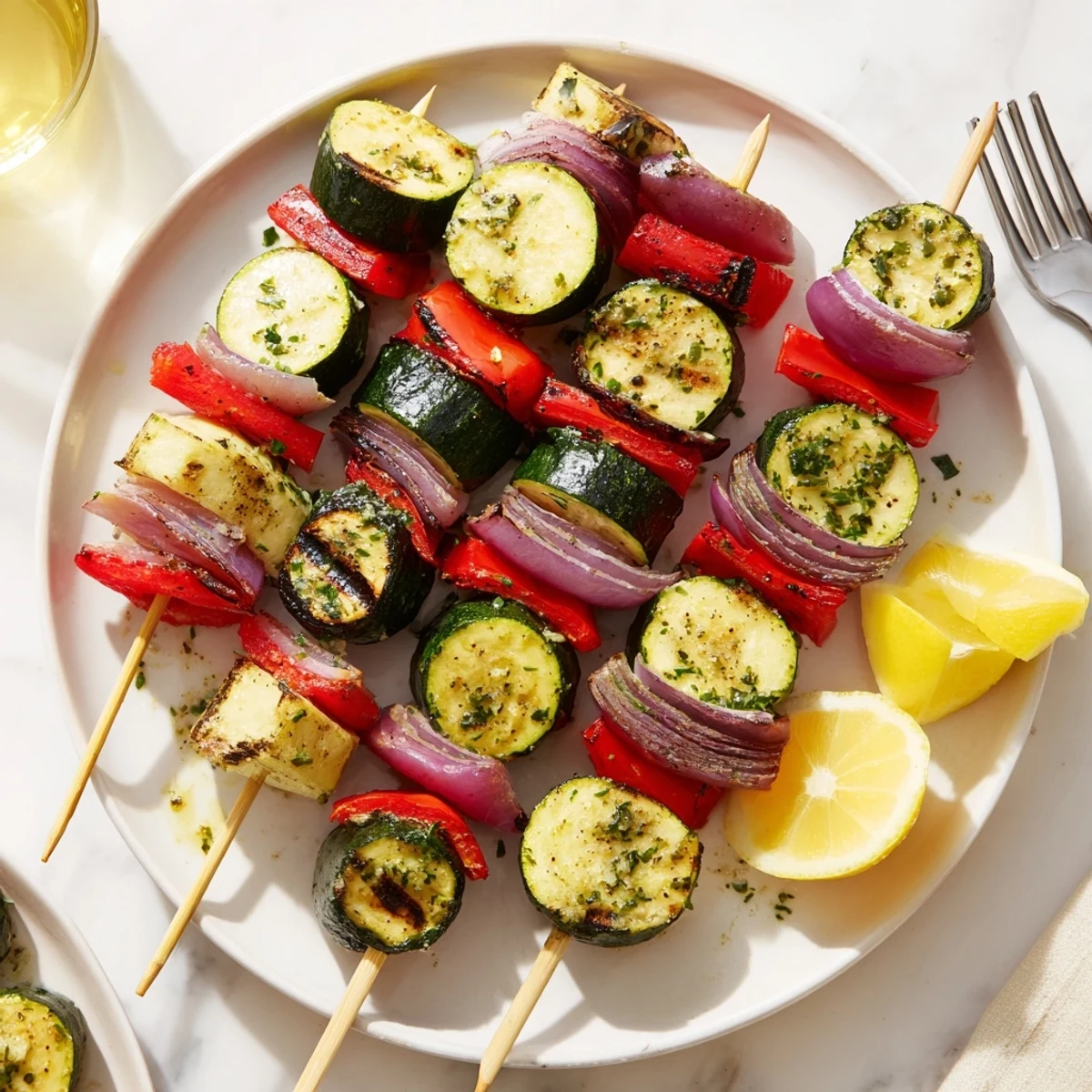 Garlic Butter Zucchini Skewers threaded with peppers, smoky grill marks, lemon wedges