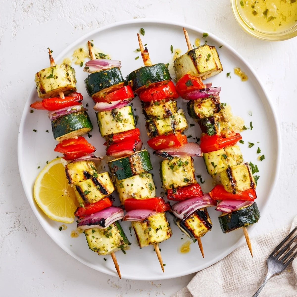 Grilled Garlic Butter Zucchini Skewers glistening with melted butter and charred edges
