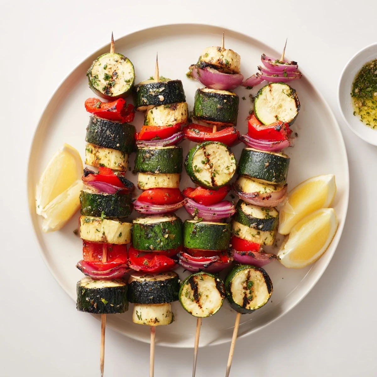 Plated Garlic Butter Zucchini Skewers steaming warm, brushed parsley and citrus brightness