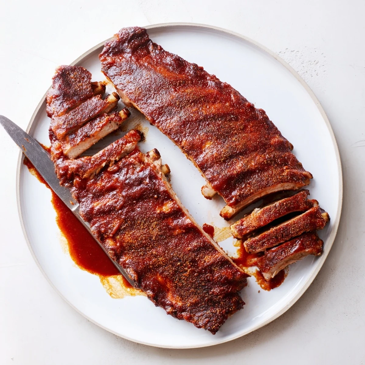 Grilled Ribs glazed in sticky barbecue sauce, charred edges, juicy slices