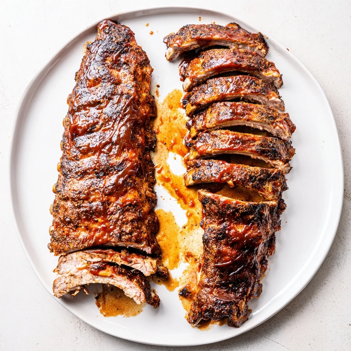 Smoky Grilled Ribs resting on cutting board, rubbed spice crust visible