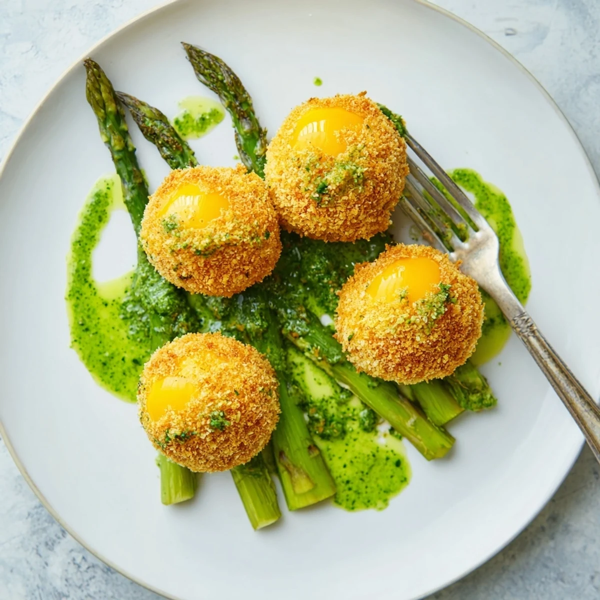 Golden crispy egg yolks atop tender grilled asparagus drizzled with bright green herb sauce