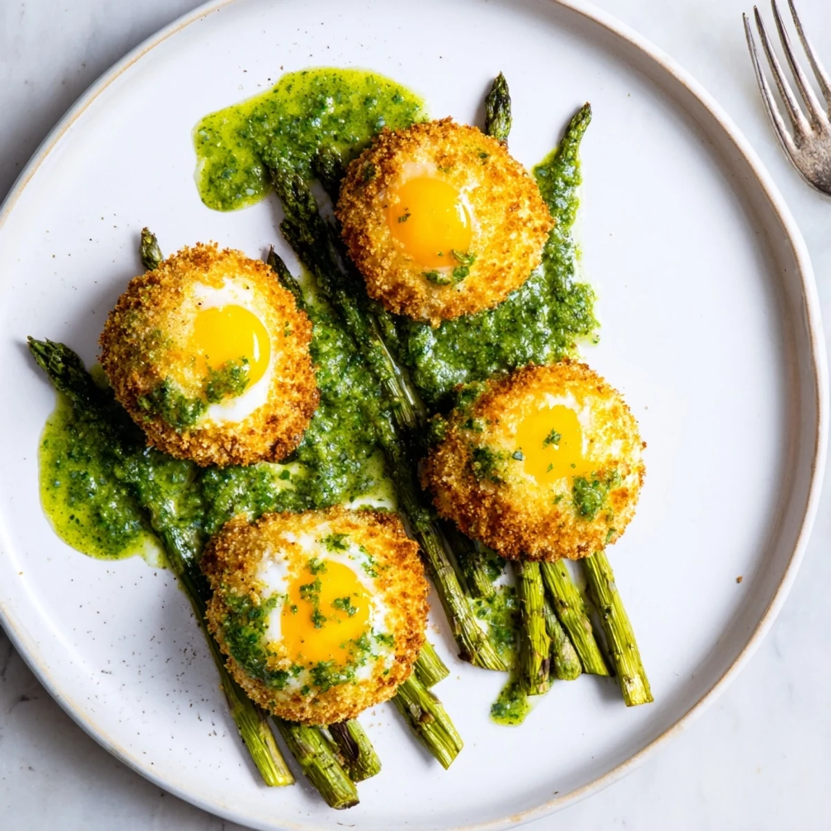 Restaurant-style appetizer featuring breaded golden yolks on asparagus bed with fresh herb emulsion