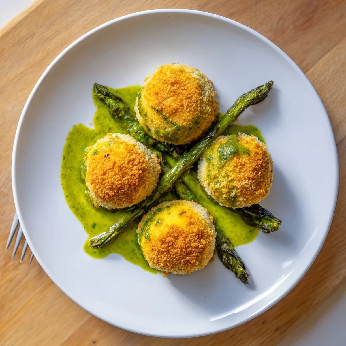 Crispy fried egg yolks served over charred asparagus spears with zesty lemon parsley dressing