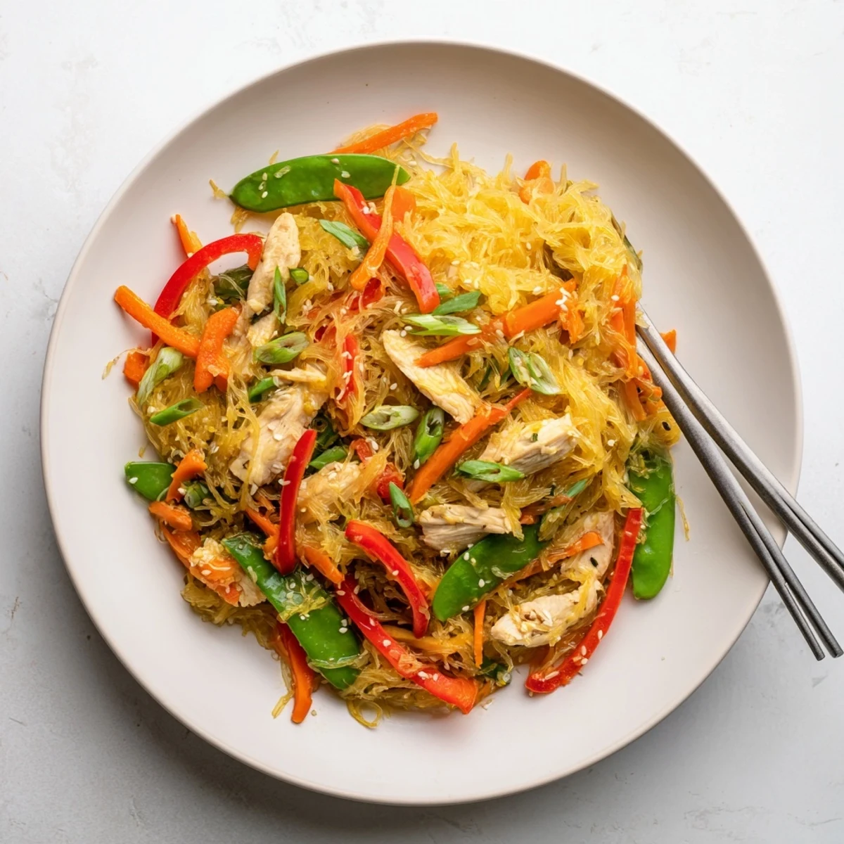 Golden roasted spaghetti squash strands tossed with tender chicken and colorful vegetables in savory Asian sauce