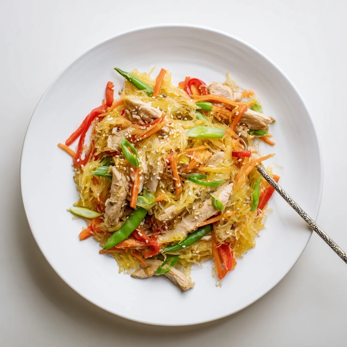 Healthy low carb chow mein featuring spaghetti squash noodles crisp veggies sliced chicken and rich savory glaze