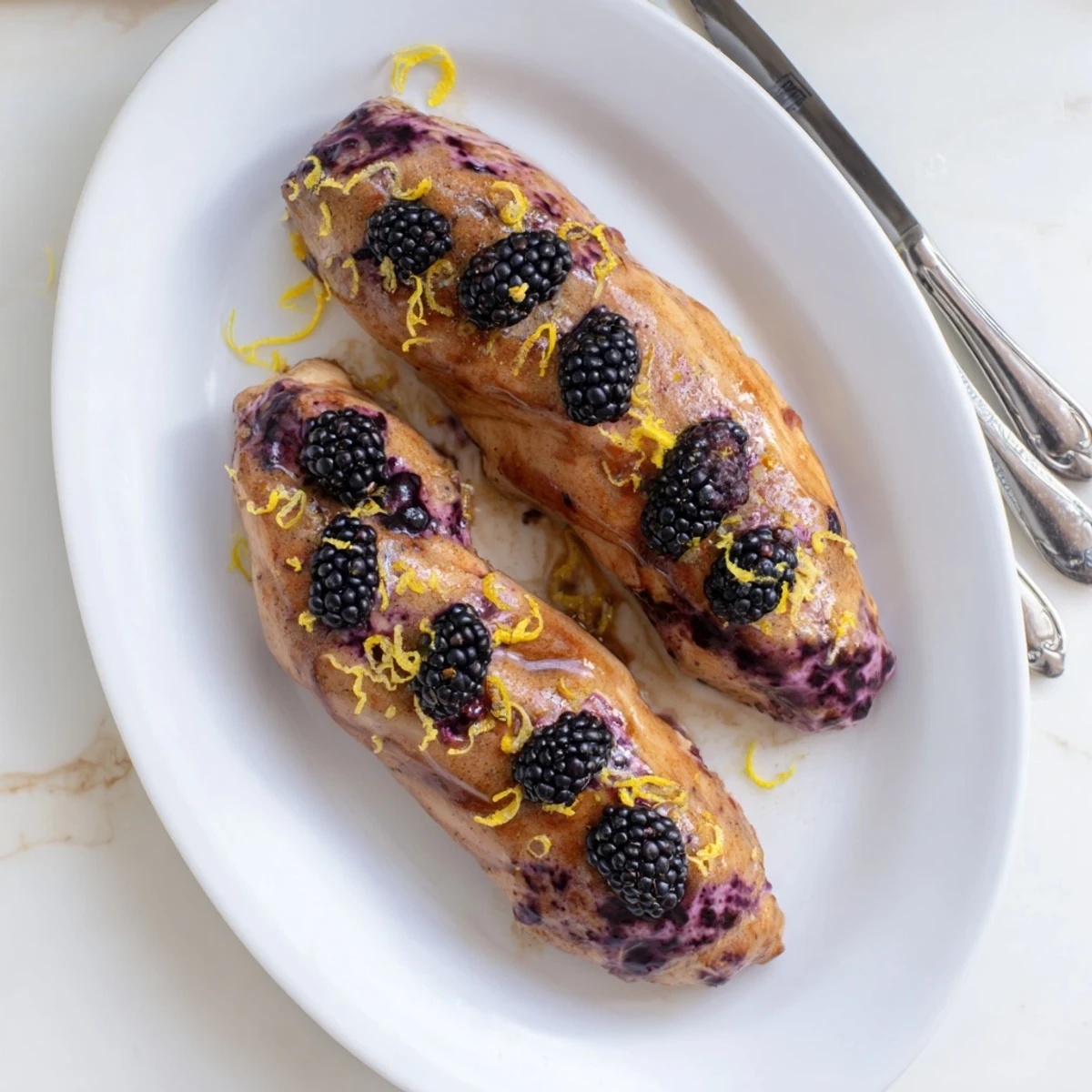 Juicy chicken breast filled with cream cheese blackberry mixture and spicy jalapeño on white plate