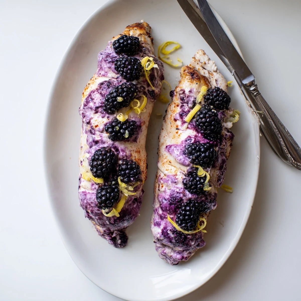 Golden brown sweet spicy blackberry stuffed chicken breast drizzled with honey balsamic glaze