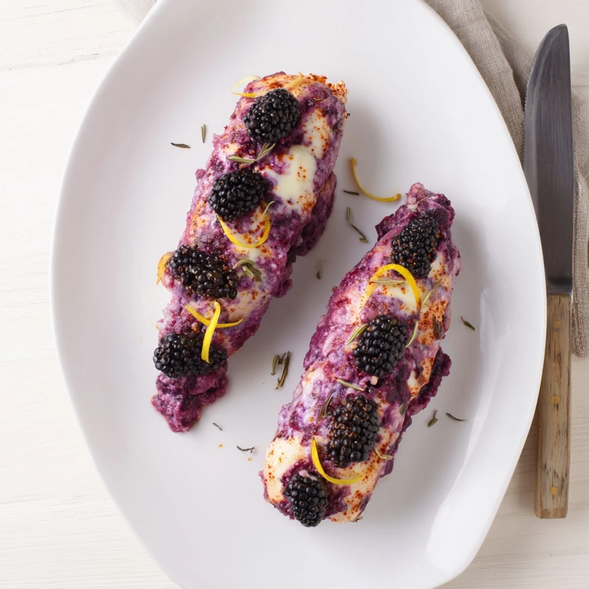 Oven baked sweet spicy blackberry stuffed chicken with glossy honey glaze on rustic wooden board