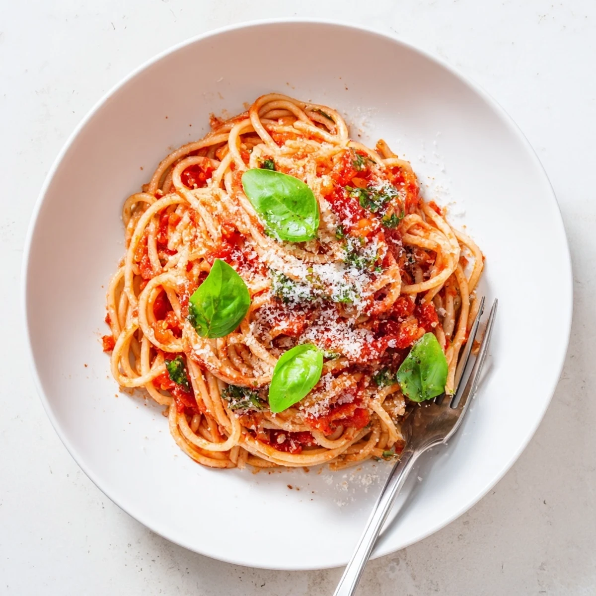 Al dente spaghetti coated in rich herb tomato sauce topped with grated Parmesan cheese