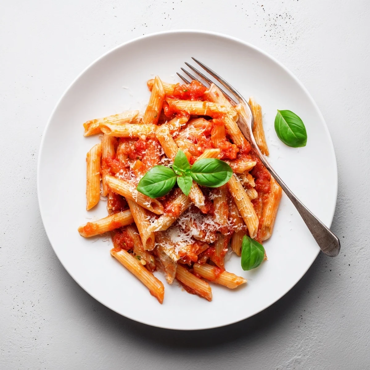 Comforting pasta dish with aromatic tomato basil sauce and shaved Parmesan sprinkles on top
