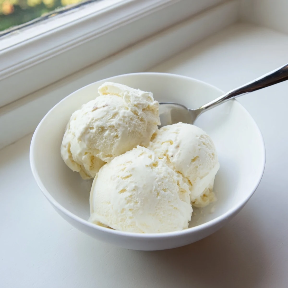 Rich vanilla ice cream being scooped from a chilled container on marble counter