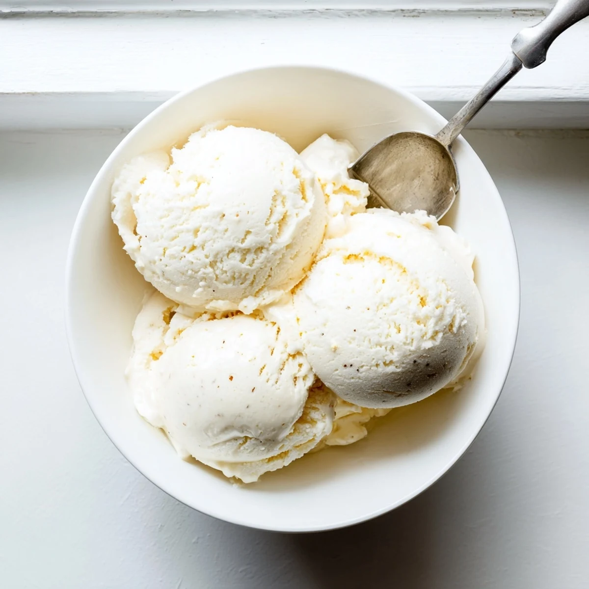 Soft churned ice cream garnished with vanilla bean and mint leaf on white plate
