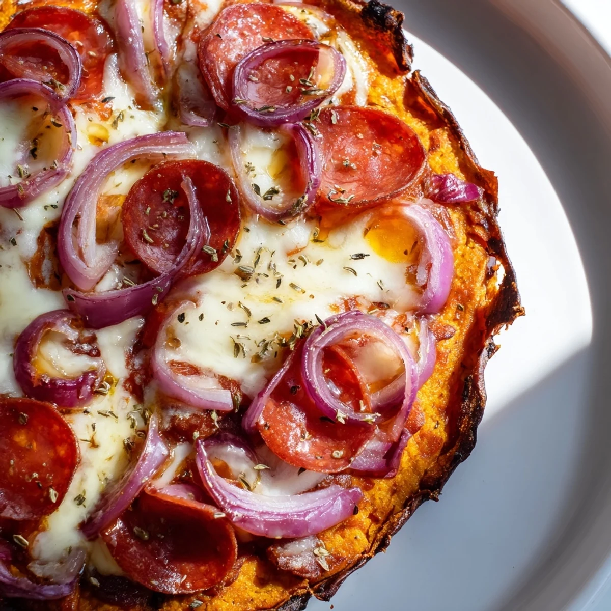 Golden pepperoni hot honey pizza with sweet potato crust features melted mozzarella and spicy honey drizzle
