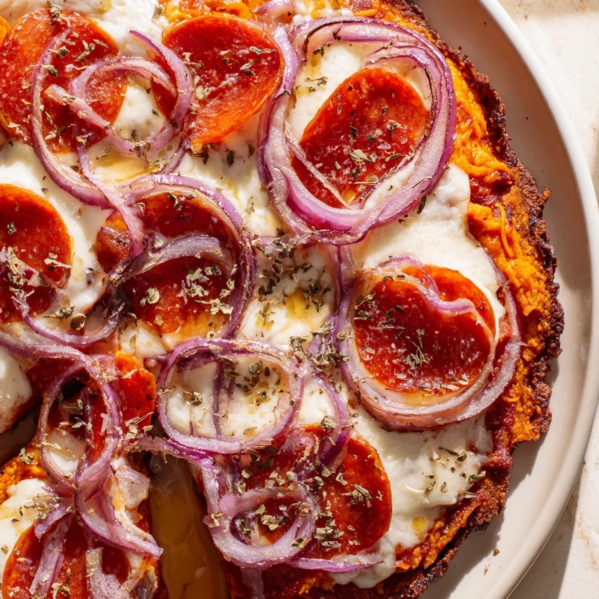 Gluten-free sweet potato crust pizza topped with zesty pepperoni slices and chili-infused honey glaze