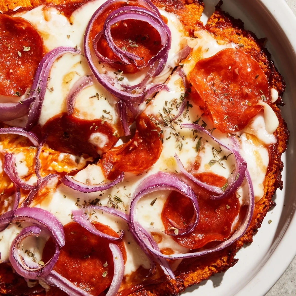 Homemade pepperoni hot honey pizza on tender sweet potato crust with bubbling cheese and red onion