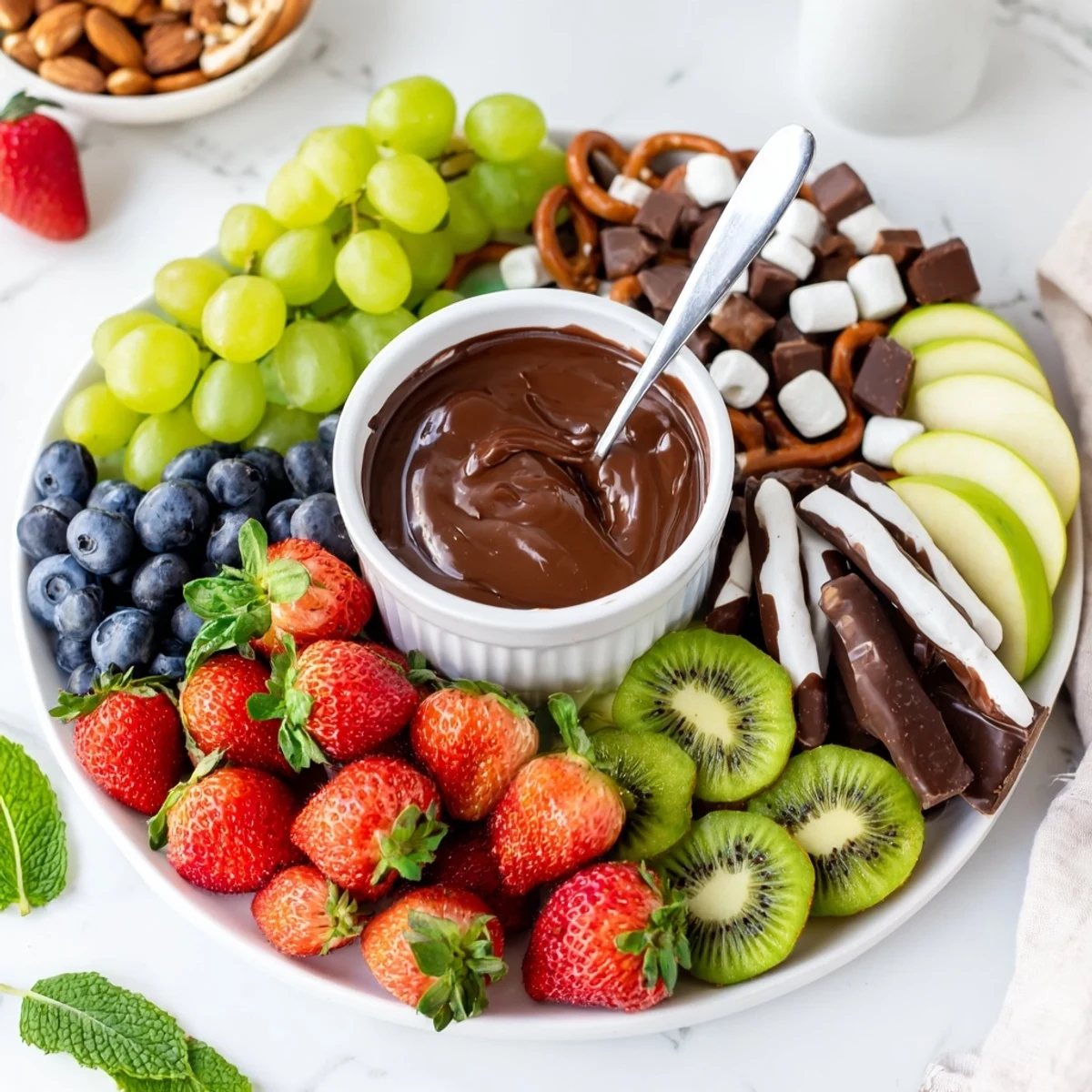 Bright Dessert Charcuterie Board arranged for sharing, sliced fruit and sauces.