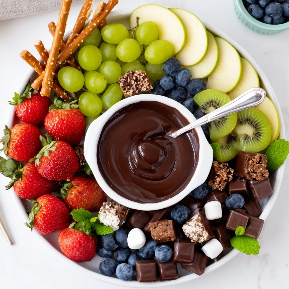 Party-ready Dessert Charcuterie Board perfect for dipping, candies, and pillowy marshmallows.