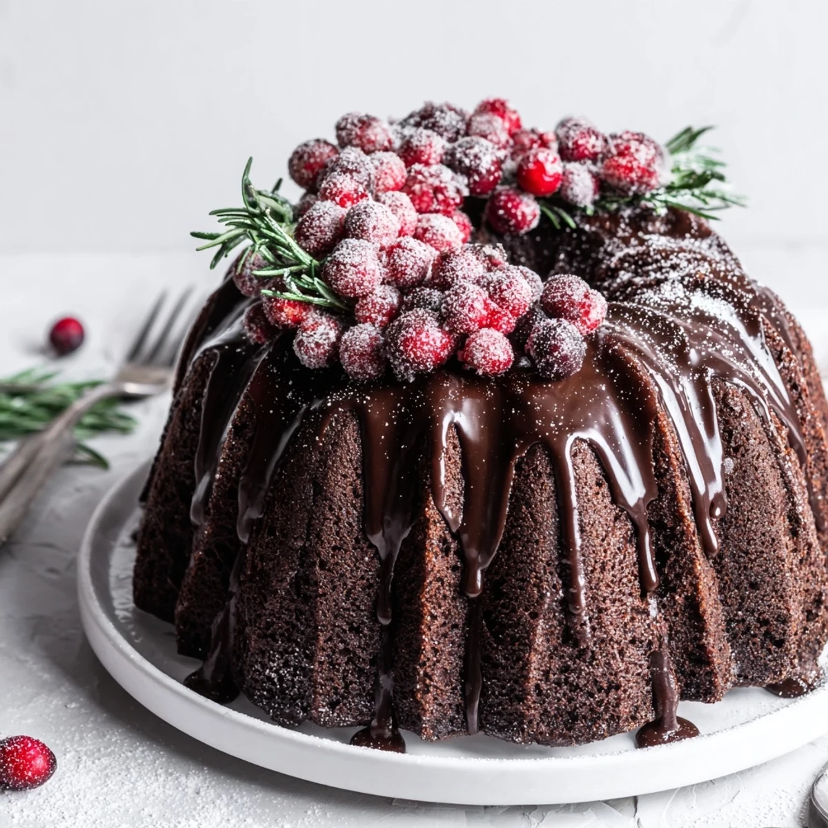 Chocolate Bundt Cake Christmas Wreath topped with glossy chocolate glaze and sugared cranberries