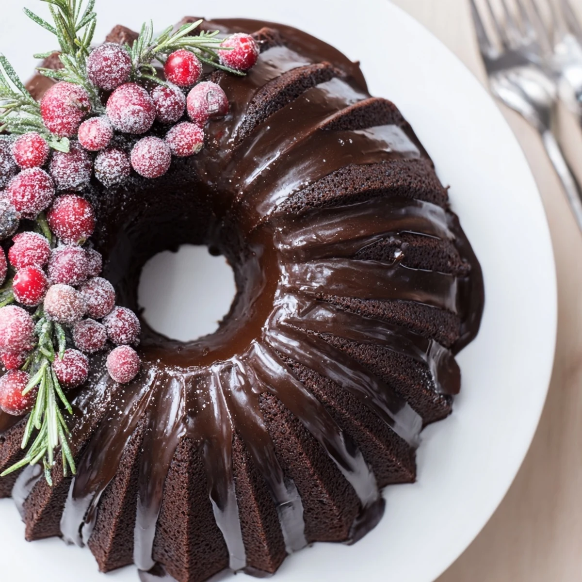 Warm Chocolate Bundt Cake Christmas Wreath dusted with powdered sugar, rosemary sprigs