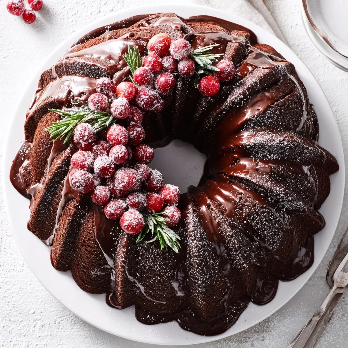 Festive Chocolate Bundt Cake Christmas Wreath slices served with hot cocoa, rich aroma