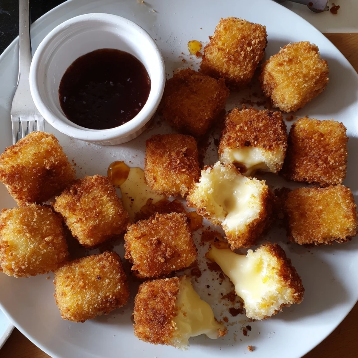 Irresistible Crispy Mozzarella Poppers With Maple Glaze glistening, golden, steaming on wooden board